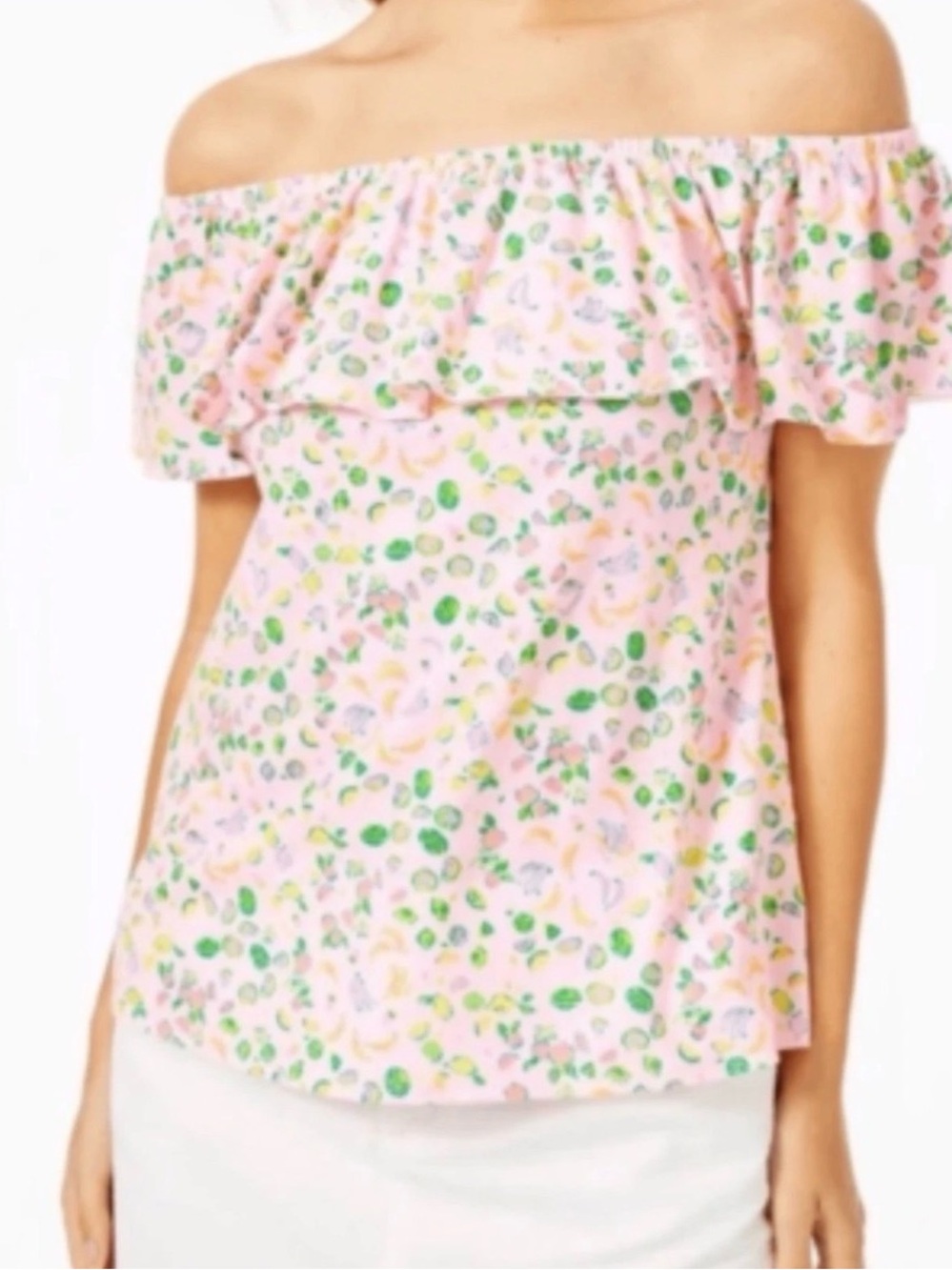 Lilly Pulitzer La Fortuna Pink Fruit Print Off Shoulder Blouse Women’s Size L